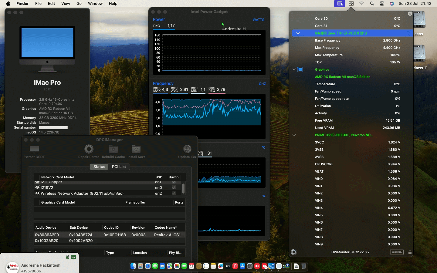 Success Hackintosh macOS Sonoma 14.5 Build 23F79 in Asus Prime X299-Deluxe + Intel Core i9 7960X + AMD Radeon VII